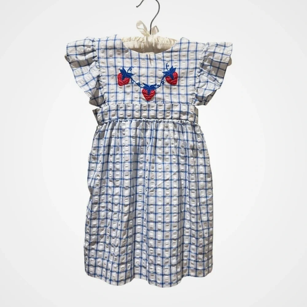 Vintage Girls 4T Strawberry Embroidered Blue Check Seersucker  Dress 4th of July